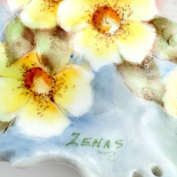 Hand Painted Vintage Yellow FlowerTrinket Tray Signed By Zenas 1940s - Picture 4 of 9